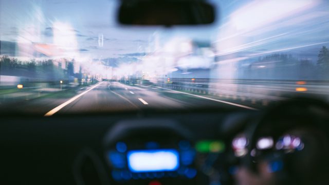 View from inside the car onto the road when the driver is influenced by drugs