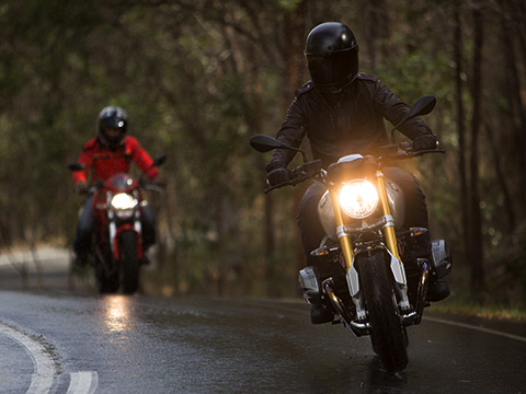 Two motorcyclists in jackets and helmets ride a curvy corner of a wet bush road.