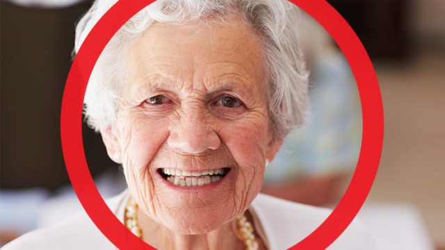 A senior woman with her face circled red