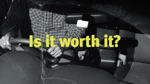 A driver not wearing their seatbelt. Text on image says 'Is it worth it?'