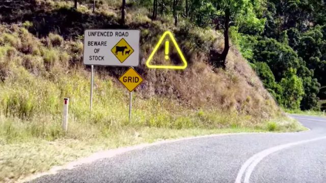 A curvy road with a sign stating 'Beware of stock'